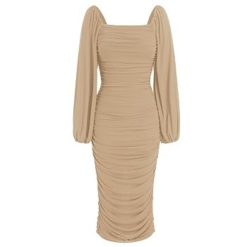 Amazon.com: Women's Long Puff Sleeve Ruched Bodycon Dress